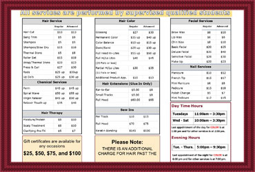 Winonah Cosmetology School, Salon Price List